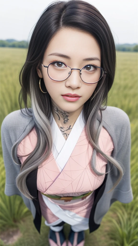 Cute Japanese woman, (16 years old), (very cute face), white moist skin, looking at the camera, melancholy expression, (pink bright eyes: 1.4), (black frame glasses: 1.3)
BREAK,
Idol, (very beautiful berserker woman: 1.3), (fighting: 1.3),
BREAK,
(wearing pink cute kimono: 1.3), (highly revealing kimono), very large earrings, short length, (has black grass tattoo on body: 1.3),
BREAK,
(long hair), (light gray hair: 1.4), (wavy hair), (gradient hair: 1.3), (red tips: 1.3),
BREAK,
(realistic: 1.3), masterpiece, perfect lighting, (ultra high resolution), (8K), (highly detailed: 1.4), (from the front), (full body: 1.4), (symmetrical: 1.2), (one shot),
BREAK,
(Shibuya city in Japan: 1.2),