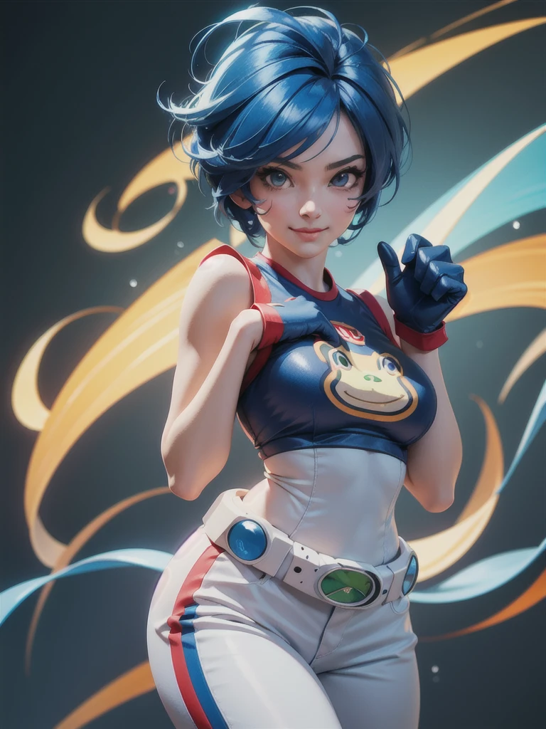 (at night), in a video game scene, a background of a beautiful city during the day raining, standing at attention, semi-short blue hair, a blue t-shirt on the chest, it has the face of a smiling frog type logo, a large belt on the chest. waist, blue fingerless gloves, white exercise pants ((blue hair)), 1 girl, alone, 20 years old, young woman, perfect hands, beautiful fingers, beautiful long legs, beautiful body, beautiful nose, beautiful character design, perfect face, looking at viewer with serious gesture (focusing on his face), closed mouth, Light_Smile, official art, extremely detailed CG unity 8k wallpaper, perfect lighting, bright and colorful front lighting, glowing skin (masterpiece: 1.0) , (best_quality: 1.0), ultra high resolution, 4K, ultra detailed photography, 8K, HDR, high resolution, absurd:1.2, Kodak portra 400, film grain, blurred background, bokeh:1.2, lens flare, (vibrant_color: 1.2), professional photography, (Beautiful, breasts: 1.4), (beautiful_face: 1.5), (narrow waist),
