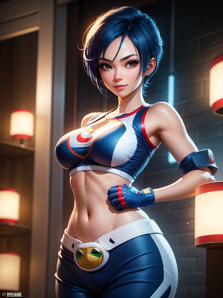 (at night), in a video game scene, a background of a beautiful city during the day raining, standing at attention, semi-short blue hair, a blue t-shirt on the chest, it has the face of a smiling frog type logo, a large belt on the chest. waist, blue fingerless gloves, white exercise pants ((blue hair)), 1 girl, alone, 20 years old, young woman, perfect hands, beautiful fingers, beautiful long legs, beautiful body, beautiful nose, beautiful character design, perfect face, looking at viewer with serious gesture (focusing on his face), closed mouth, Light_Smile, official art, extremely detailed CG unity 8k wallpaper, perfect lighting, bright and colorful front lighting, glowing skin (masterpiece: 1.0) , (best_quality: 1.0), ultra high resolution, 4K, ultra detailed photography, 8K, HDR, high resolution, absurd:1.2, Kodak portra 400, film grain, blurred background, bokeh:1.2, lens flare, (vibrant_color: 1.2), professional photography, (Beautiful, breasts: 1.4), (beautiful_face: 1.5), (narrow waist),
