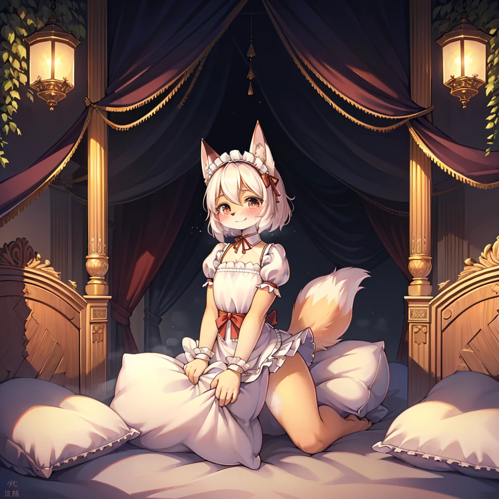 （masterpiece，best quality），mine, The Beast, , (Light and shadow suitable for any Pillow background））, Cute girl in Maid costume posing on Pillow, Maid costume，White，nature,, (blush),a smile，Pillow,（Lots of Pillow），Soft cushion，（canopy bed），Soft pillow，（Pillow damage），Lots of Pillow，（Friction in the crotch），（（Pillow Hump）），（Pillow Head），（A tail），，（Pink Pillow），（Around the protagonist），steam，（Pillow Head），（），（Luxury Pillow），（Palace Pillow Pattern Pillow），（palace），（Palace bedroom），（Gorgeous Pattern Pillow），Soft Pillow，，（Classical European style bedroom ），（excited，shy person，Lack of expressiveness，），pillow hump,Fox Girl，(Deluxe Rococo Canopy King Bed),Luxurious curtains with ornate ruffles and ribbons hang around the large bed.,((((The bed is piled with many Pillows)))),Quilt details,Detailed bed linen,Ruffled Bed Skirt,Deep Bed,Background with depth,((Pillow in detail)), ((((A Lot of Pillow))))，,，Detailed Soft Pillow,,((女孩正躺在许多Soft Pillow上,There are many Pillows around))，、 Long nightgown with ruffles and ribbons、In a huge, Large canopy bed、Soft sheets and quilts、Colorful soft Pillow、Lots of Ruffled Pillows and Ruffled Bed Skirts、Soft toned bed、Ruffled curtains around the bed.。Delicate face。