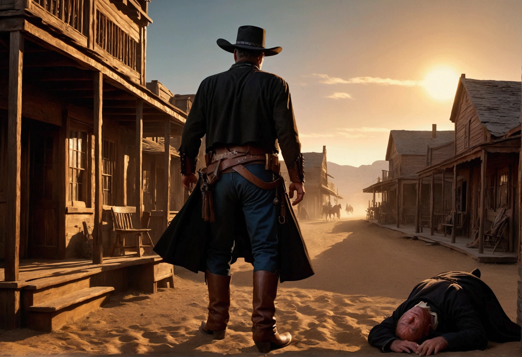 a cowboy (John Wayne) in an old West town, has shot dead Eldari witches, scared people watching from shadows, Warhammer 40k, dark fantasy, cinematic lighting, highly detailed, realistic, photorealistic, dramatic, masterpiece, 8k, HDR, volumetric lighting, intricate details, moody atmosphere, dynamic pose, chiaroscuro, golden hour, dramatic shadows, rich textures
