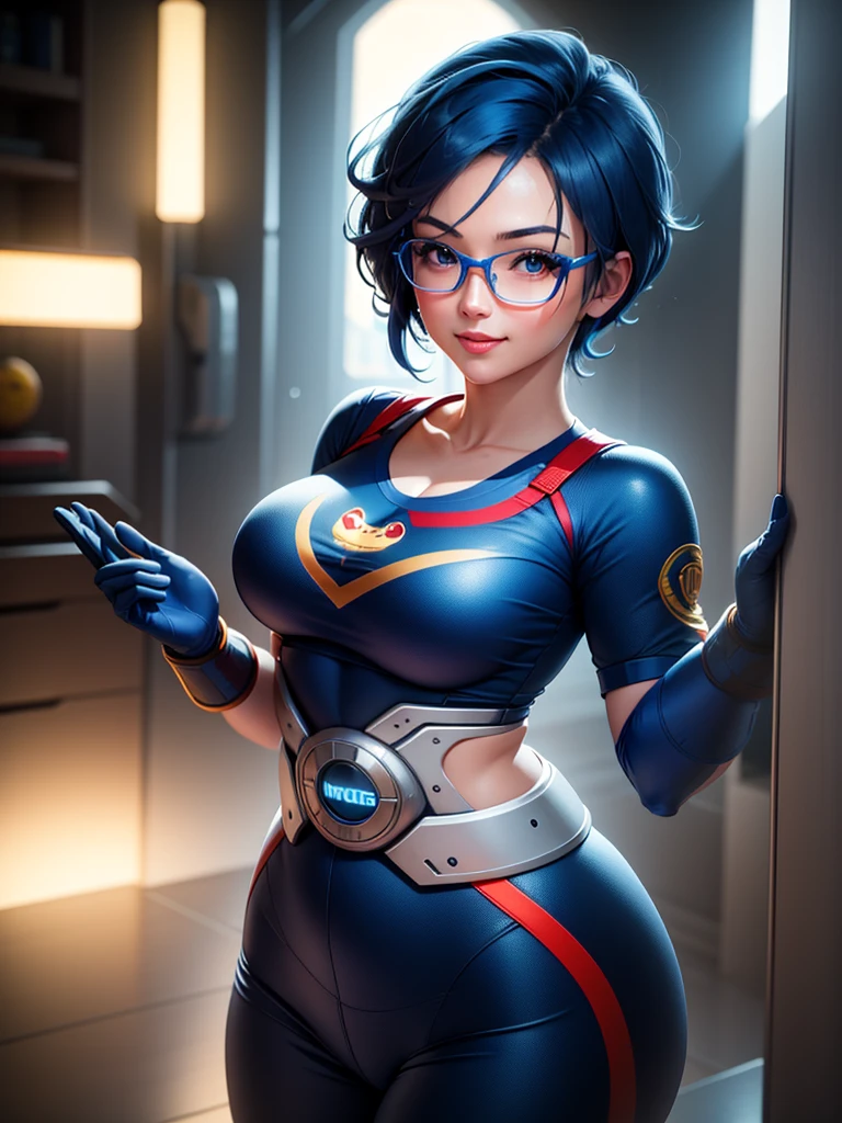 (at night), in a video game scene, a background of a beautiful city during the day raining, standing at attention, semi-short blue hair, on her head she has glasses, a blue shirt on her chest she has the face of a smiling frog logo type, big belt at the waist, blue fingerless gloves, white exercise pants ((blue hair)), 1 girl, alone, 20 years old, young woman, perfect hands, beautiful fingers, beautiful long legs, beautiful body, beautiful nose, beautiful character design, perfect face, looking at the viewer with serious gesture (focusing on his face), closed mouth, Light_Smile, official art, extremely detailed CG unity 8k wallpaper, perfect lighting, bright and colorful front lighting, skin glossy (masterpiece: 1.0), (best_quality: 1.0), ultra high resolution, 4K, ultra detailed photography, 8K, HDR, high resolution, nonsense:1.2, Kodak portra 400, film grain, blurred background, bokeh:1.2, lens flare, (vibrant_color:1.2), professional photography, (Beautiful, breasts: 1.4), (beautiful_face: 1.5), (narrow waist),
