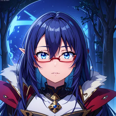 beautiful detailed anime woman, elf, long dark blue hair, wearing red glasses, shy expression, futuristic winter attire, lush fo...