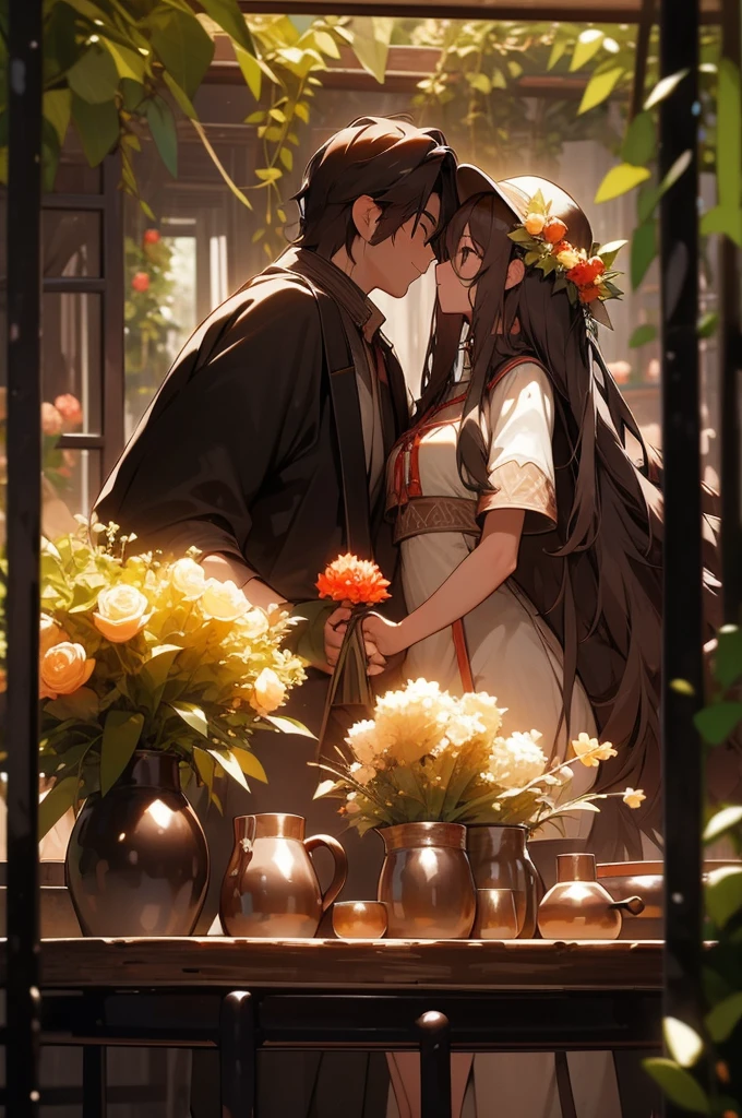 half body photograph of a couple beneaf the vines staring romanticaly at each other, near a tea table, big breasted girl wearing summer hat and short white dress with long white hair, athletic boy with brown hair wearing medieval casual clothes, gaussian blur garden background, flowers