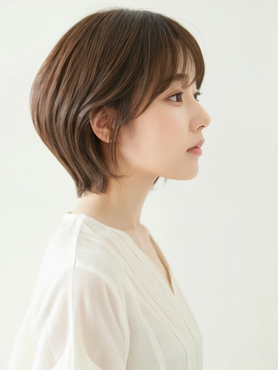 Stylish short sleeve top、(White wall in the background、Hair color is light brown)、(White wall in the background、profile)、Layered Cut、(In a room with white walls and windows)、Very delicate hair、(In a room with white walls and windows)、((Highest quality、8k、masterpiece:1.3))、Ultra-high resolution、(photoGenuineistic:1.4)、RAW Photos、Japanese,(detailed aspects)、Genuine、Photographed in natural light、Highly detailed face and skin texture、Highly detailed lips、The correct state of the human body、Shortcuts、short hair、Various poses、Natural color lip