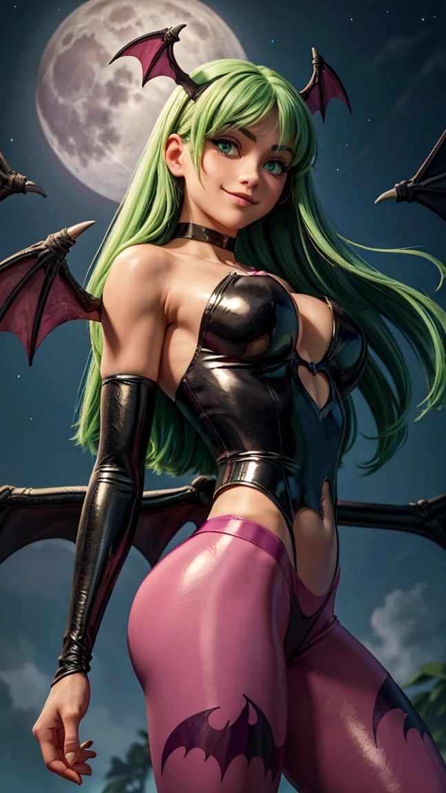 morrigan, cute smile, (Beautiful bright green eyes), (long green straight hair, bangss), (head wings), (black latex collant, bared shoulders, heart cutout on navel), neckleace, (bright pink pantyhose, Bat print), bat wings on the back, (bright pink bridal gauntlets, white fur lining), (looking ahead at viewer), (dark moonlit sky background)