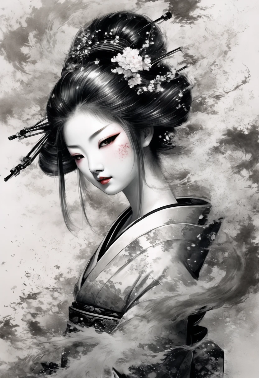 8k,Ink painting,Black and white painting,Beautiful detailed glass hair,splash,from behind,whole body,Oiran,luxurious makeup,(Gorgeous costumes,A kimono with a wide open back collar from the nape to the back:1.2),(Oiranの髪飾り,Big Barrel,Disheveled Hair),Large umbrella,(Smoke pipe),Osaka Castle seen in the distance,Dynamic movement and powerful brushstrokes、Drawing strokes drawn with rot ring 0,
