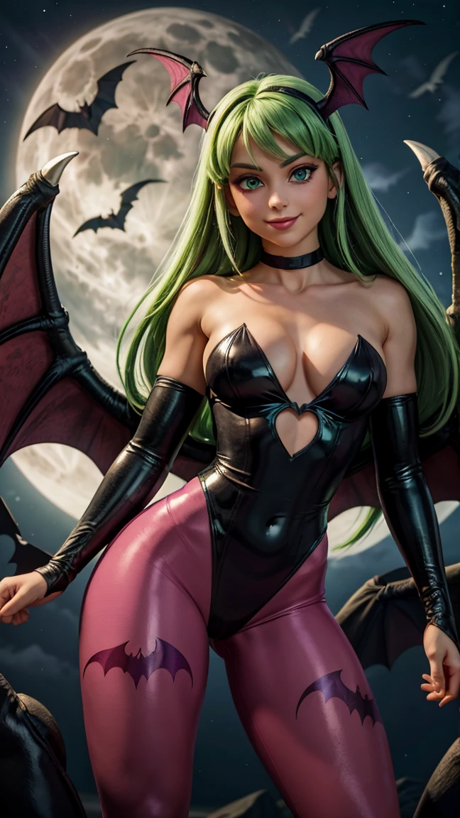 morrigan, cute smile, (Beautiful bright green eyes), (long green straight hair, bangss), (head wings), (black latex collant, bared shoulders, heart cutout on navel), neckleace, (bright pink pantyhose, Bat print), bat wings on the back, (bright pink bridal gauntlets, white fur lining), (looking ahead at viewer), (dark moonlit sky background)