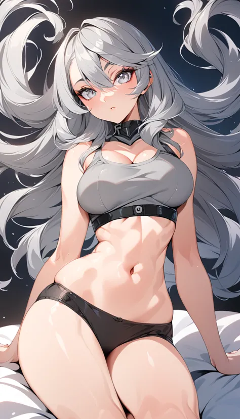 (( fascinating, mature, white eyes)), (grey crop top, black underwear, short clothes), (long hair), (20 years), (1 girl), (4k st...