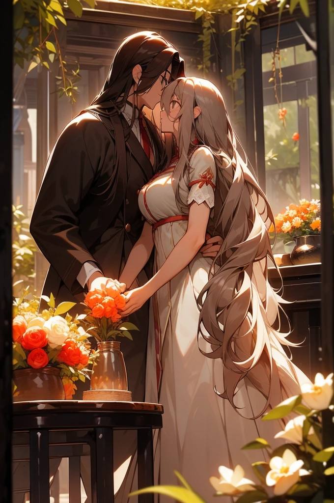 half body photograph of a couple beneaf the vines staring romanticaly at each other, near a tea table, ((big breasted girl wearing white dress with long white hair)), (athletic muscular mature boy with brown hair wearing casual clothes), gaussian blur italian garden background, flowers, fruits, birds, tropical vibes