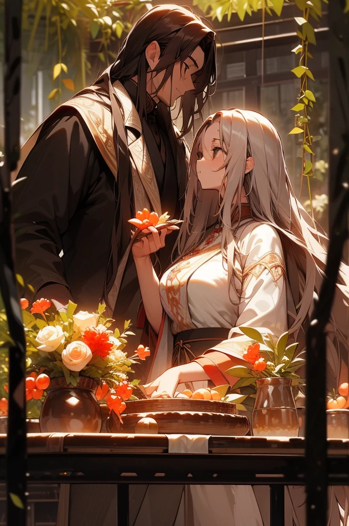 half body photograph of a couple beneaf the vines staring romanticaly at each other, near a tea table, ((big breasted girl wearing white dress with long white hair)), (athletic muscular mature boy with brown hair wearing casual clothes), gaussian blur italian garden background, flowers, fruits, birds, tropical vibes