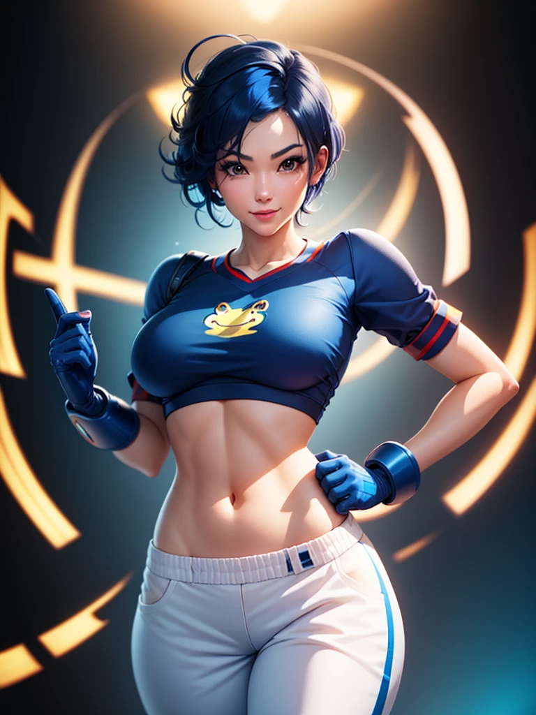 (at night), in a video game scene, a background of a beautiful city during the day raining, standing at attention, semi-short blue hair, a blue t-shirt on the chest, it has the face of a smiling frog type logo, a large belt on the chest. waist, blue fingerless gloves, white exercise pants ((blue hair)), 1 girl, alone, 20 years old, young woman, perfect hands, beautiful fingers, beautiful long legs, beautiful body, beautiful nose, beautiful character design, perfect face, looking at viewer with serious gesture (focusing on his face), closed mouth, Light_Smile, official art, extremely detailed CG unity 8k wallpaper, perfect lighting, bright and colorful front lighting, glowing skin (masterpiece: 1.0) , (best_quality: 1.0), ultra high resolution, 4K, ultra detailed photography, 8K, HDR, high resolution, absurd:1.2, Kodak portra 400, film grain, blurred background, bokeh:1.2, lens flare, (vibrant_color: 1.2), professional photography, (Beautiful, breasts: 1.4), (beautiful_face: 1.5), (narrow waist),
