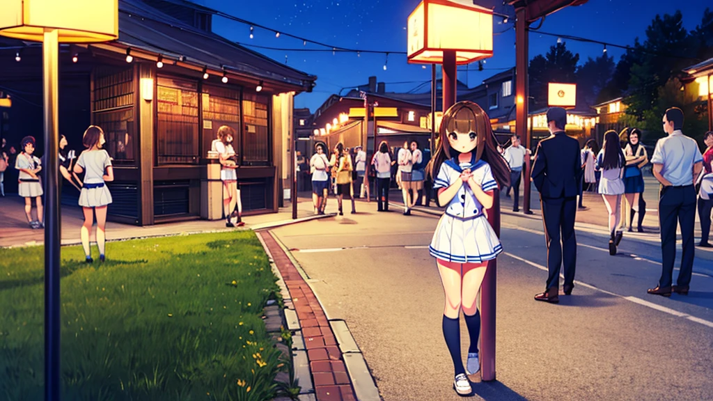 {of the highest quality], [Super beautiful], [Ultra Fine], [best illustration], NSFW,Brown hair, hime cut, by the wide, with bangs, Girl,high school student,uniform,weave,short sleeve,Skirt,smile, blush, Thin women, adult women,standing posture,(public),night park,summer festival,diagonal, Navy Blue Knee High Socks,black bread