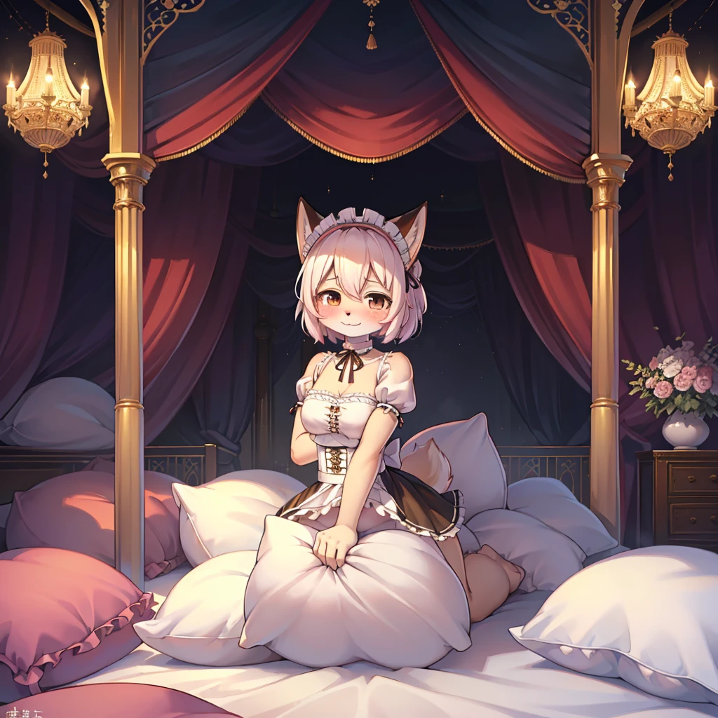 （masterpiece，best quality），mine, The Beast, , (Light and shadow suitable for any Pillow background））, Cute girl in Maid costume posing on Pillow, Maid costume，White，nature,, (blush),a smile，Pillow,（Lots of Pillow），Soft cushion，（canopy bed），Soft pillow，（Pillow damage），Lots of Pillow，（Friction in the crotch），（（Pillow Hump）），（Pillow Head），（A tail），，（Pink Pillow），（Around the protagonist），steam，（Pillow Head），（），（Luxury Pillow），（Palace Pillow Pattern Pillow），（palace），（Palace bedroom），（Gorgeous Pattern Pillow），Soft Pillow，，（Classical European style bedroom ），（excited，shy person，Lack of expressiveness，），pillow hump,Fox Girl，(Deluxe Rococo Canopy King Bed),Luxurious curtains with ornate ruffles and ribbons hang around the large bed.,((((The bed is piled with many Pillows)))),Quilt details,Detailed bed linen,Ruffled Bed Skirt,Deep Bed,Background with depth,((Pillow in detail)), ((((A Lot of Pillow))))，,，Detailed Soft Pillow,,((女孩正躺在许多Soft Pillow上,There are many Pillows around))，、 Long nightgown with ruffles and ribbons、In a huge, Large canopy bed、Soft sheets and quilts、Colorful soft Pillow、Lots of Ruffled Pillows and Ruffled Bed Skirts、Soft toned bed、Ruffled curtains around the bed.。Delicate face。