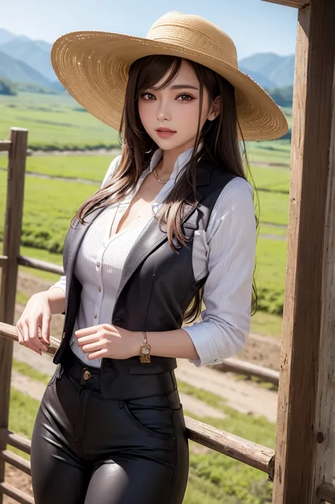 Portrait of a beautiful woman on a muddy farm:1.2 , Cowboy hat, Fringed waistcoat , pants, scarf , confidence , Mid-chest,