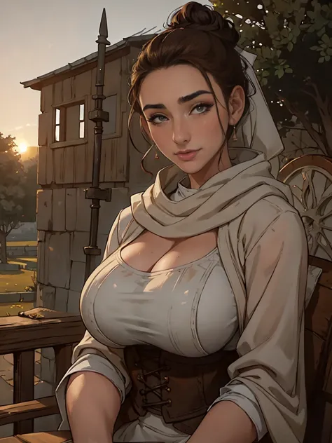 gorgeous and sultry busty athletic (thin) brunette peasant with sharp facial features wearing a modest updo, messy bun, medieval...