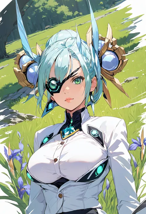 mikumari \(xenoblade\)masterpiece, highest quality, ((1 person)),blue hair,green eyes,serious expression, smile,upper body,line ...