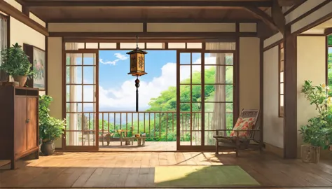 summer,inside the house,veranda,sunny,ghibli-style paintings,japan wind chimes,highest quality, 8k, high resolution, masterpiece...