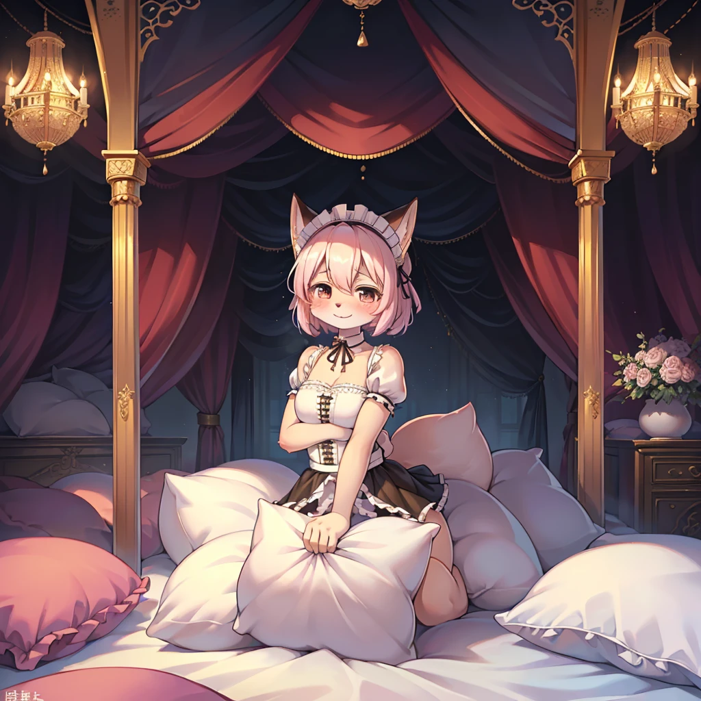 （masterpiece，best quality），mine, The Beast, , (Light and shadow suitable for any Pillow background））, Cute girl in maid costume posing on Pillow, Maid costume，White，nature,, (blush),a smile，Pillow,（Lots of Pillow），Soft cushion，（canopy bed），Soft pillow，（Pillow damage），Lots of Pillow，（Friction in the crotch），（（Pillow Hump）），（Pillow Head），（A tail），，（Pink Pillow），（Around the protagonist），steam，（Pillow Head），（），（Luxury Pillow），（Palace Pillow Pattern Pillow），（palace），（Palace bedroom），（Gorgeous Pattern Pillow），Soft Pillow，，（Classical European style bedroom ），（excited，shy person，Lack of expressiveness，），pillow hump,Fox Girl，(Deluxe Rococo Canopy King Bed),Luxurious curtains with ornate ruffles and ribbons hang around the large bed.,((((The bed is piled with many Pillows)))),Quilt details,Detailed bed linen,Ruffled Bed Skirt,Deep Bed,Background with depth,((Pillow in detail)), ((((A Lot of Pillow))))，,，Detailed Soft Pillow,,((女孩正躺在许多Soft Pillow上,There are many Pillows around))，、 Long nightgown with ruffles and ribbons、In a huge, Large canopy bed、Soft sheets and quilts、Colorful soft Pillow、Lots of Ruffled Pillows and Ruffled Bed Skirts、Soft toned bed、Ruffled curtains around the bed.。Delicate face。