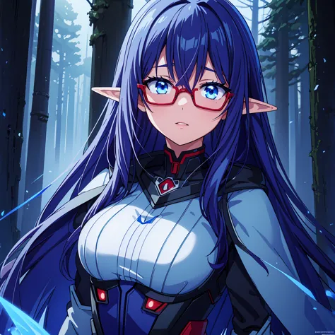 beautiful detailed anime woman, elf, long dark blue hair, wearing red glasses, shy expression, futuristic winter attire, lush fo...