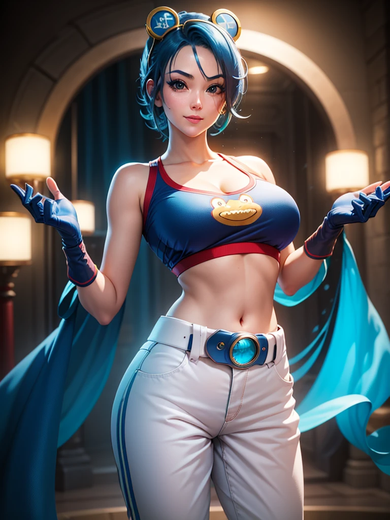 (at night), in a video game scene, a background of a beautiful city during the day raining, standing at attention, semi-short blue hair, goggles on top of her head, blue shirt on her chest, she has the face of a smiling frog type logo, has a long red scarf, big belt around her waist, blue fingerless gloves, white exercise pants, ((blue hair)), 1 girl, alone, 20 years old, young woman, perfect hands, beautiful fingers, beautiful long legs, beautiful body, beautiful nose, beautiful character design, perfect face, looking at the viewer with serious gesture (focusing on his face), closed mouth, Light_Smile, official art, extremely detailed CG unity 8k wallpaper, perfect lighting , bright and colorful front lighting, glowing skin (masterpiece: 1.0), (best_quality: 1.0), ultra-high resolution, 4K, ultra-detailed photography, 8K, HDR, high resolution, nonsense:1.2, Kodak portra 400, film grain , blurred background, bokeh:1.2, lens flare, (vibrant_color:1.2), professional photography, (Beautiful, breasts: 1.4), (beautiful_face: 1.5), (narrow waist),
