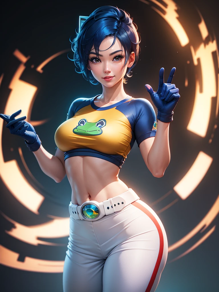 (at night), in a video game scene, a background of a beautiful city during the day raining, standing at attention, semi-short blue hair, goggles on top of her head, blue shirt on her chest, she has the face of a smiling frog type logo, big belt on the waist, blue fingerless gloves, white exercise pants, ((blue hair)), 1 girl, alone, 20 years old, young woman, perfect hands, beautiful fingers, beautiful long legs, beautiful body, beautiful nose, beautiful character design, perfect face, looking at the viewer with serious gesture (focusing on his face), closed mouth, Light_Smile, official art, extremely detailed CG unity 8k wallpaper, perfect lighting, bright and colorful front lighting, skin glossy (masterpiece: 1.0), (best_quality: 1.0), ultra high resolution, 4K, ultra detailed photography, 8K, HDR, high resolution, nonsense:1.2, Kodak portra 400, film grain, blurred background, bokeh:1.2, lens flare, (vibrant_color:1.2), professional photography, (Beautiful, breasts: 1.4), (beautiful_face: 1.5), (narrow waist),
