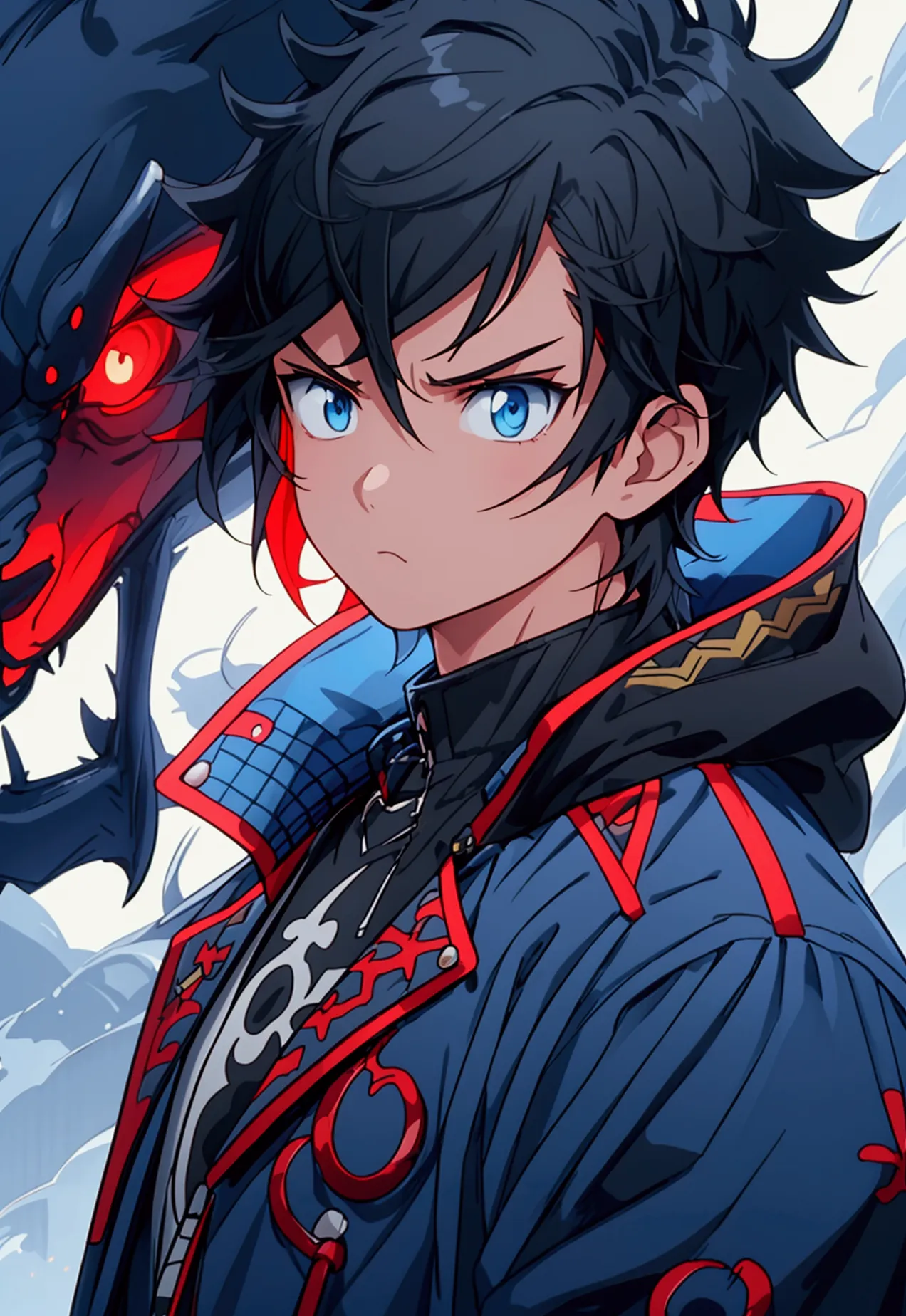 (Best quality), simple background, a boy, short black hair, jacket, looking into the distance, missing his sister, blue jacket, ...