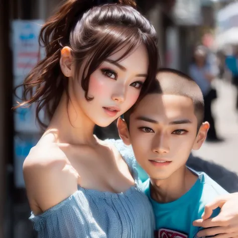 There is a woman and a boy posing for a photo, With kids, Beautiful Japanese girl face, Yanjun Chent, Young and pretty Asian fac...