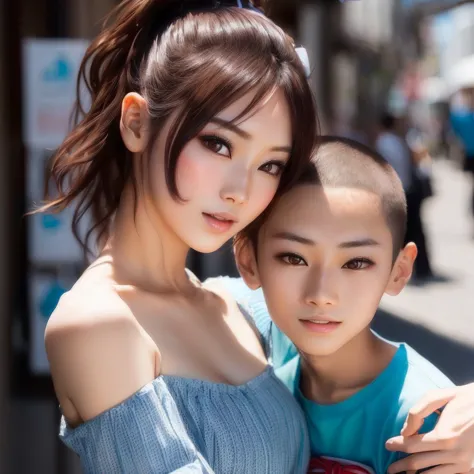 There is a woman and a boy posing for a photo, With kids, Beautiful Japanese girl face, Yanjun Chent, Young and pretty Asian fac...