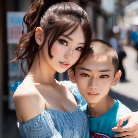 There is a woman and a boy posing for a photo, With kids, Beautiful Japanese girl face, Yanjun Chent, Young and pretty Asian fac...