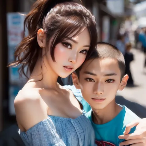 There is a woman and a boy posing for a photo, With kids, Beautiful Japanese girl face, Yanjun Chent, Young and pretty Asian fac...