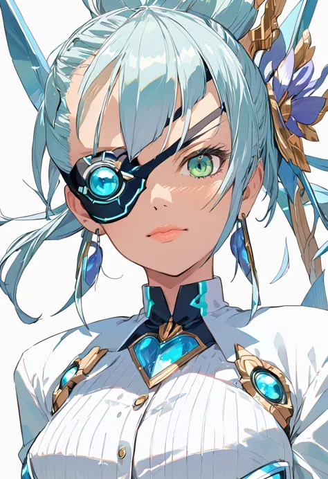 mikumari \(xenoblade\)masterpiece, highest quality, ((1 person)),blue hair,green eyes,serious expression, smile,upper body,line ...