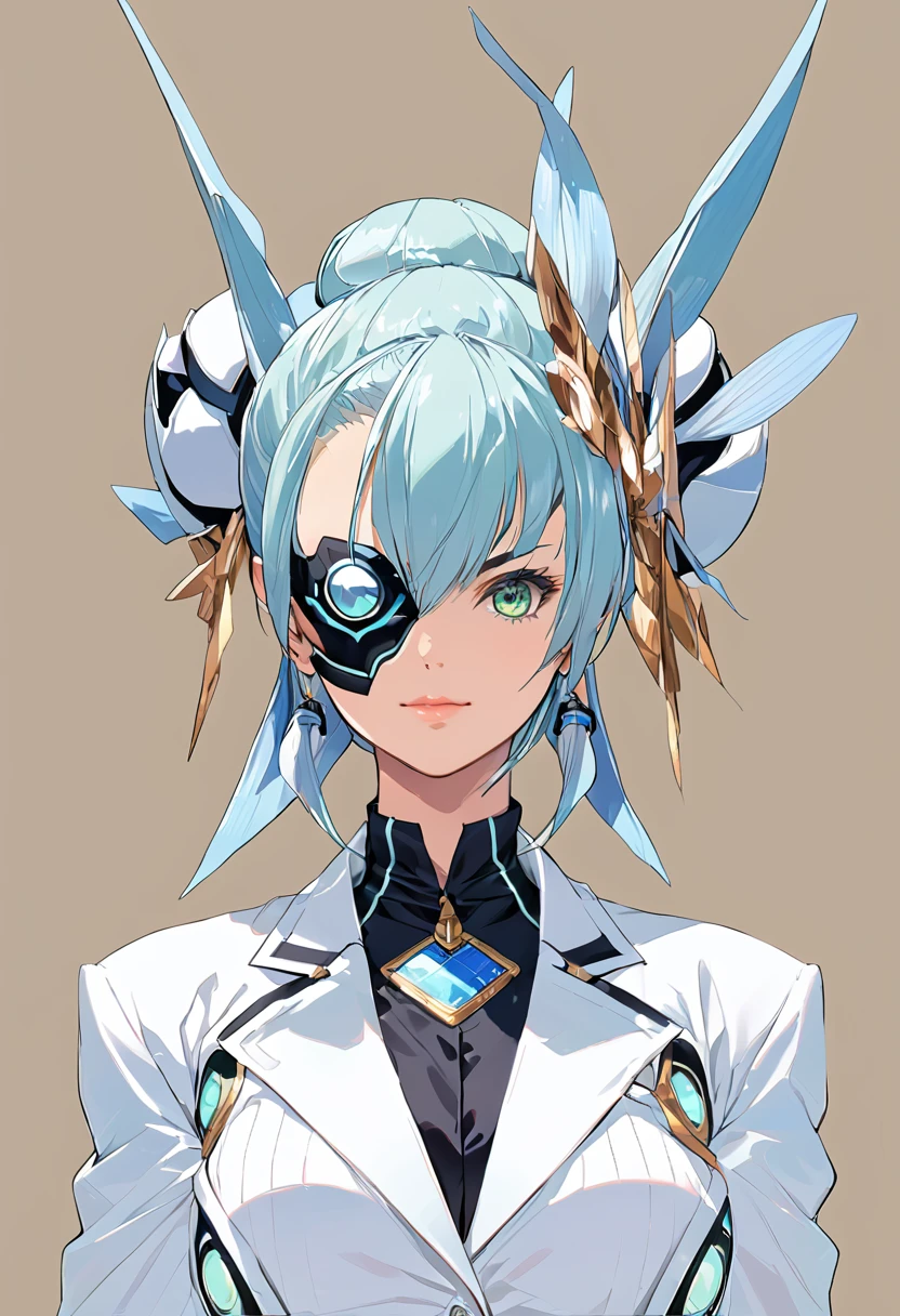 Mikumari \(Xenoblade\)masterpiece, Highest quality, ((1 person)),Blue Hair,Green Eyes,Serious expression, smile,Upper Body,Line art,Medium Hair,White blazer,Black T-shirt,Big Breasts,Bunhead,Black Mask, Expressionless blue eyes,((Kubo Obito Style)) Detailed face, Face Focus, Are standing, Black Hair,(hair ornaments:1.35),office lady, Sleeves edged with ribbon, Removable sleeves, Ribbon trim, Wide sleeves, (View your audience:1.5) Long Hair, iris, bangs, lips,smile,grassland