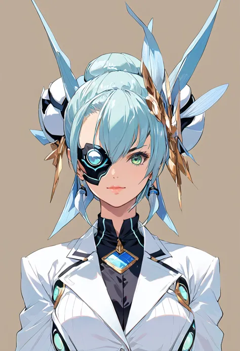 mikumari \(xenoblade\)masterpiece, highest quality, ((1 person)),blue hair,green eyes,serious expression, smile,upper body,line ...