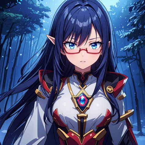 beautiful detailed anime woman, elf, long dark blue hair, wearing red glasses, shy expression, futuristic winter attire, lush fo...