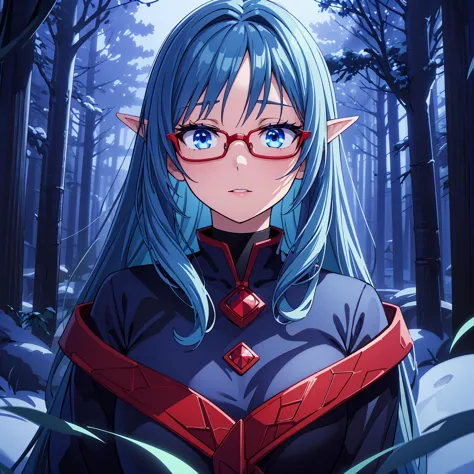 beautiful detailed anime woman, elf, long dark blue hair, wearing red glasses, shy expression, futuristic winter attire, lush fo...