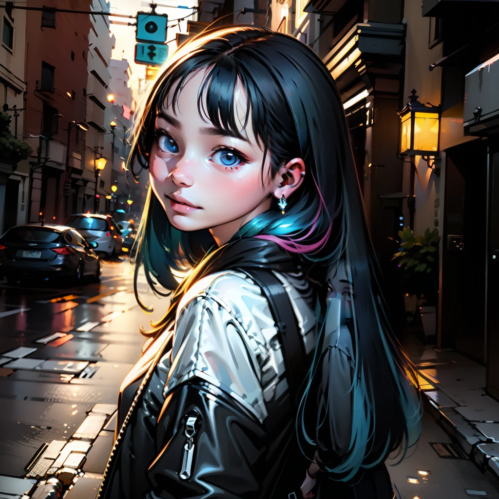 In a dark alleyway, a solitary girl stands in front of a wall covered in neon lights. Her long hair cascades down her back, a mix of black and blue strands. She wears a jacket with glowing accents and a necklace that seems to pulse with energy. Her piercing pink eyes and glowing earrings add to her cyberpunk aesthetic, as she looks directly at the viewer with a sense of defiance.