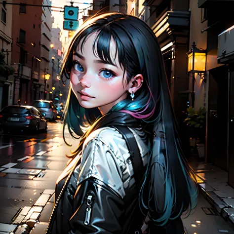 in a dark alleyway, a solitary girl stands in front of a wall covered in neon lights. her long hair cascades down her back, a mi...