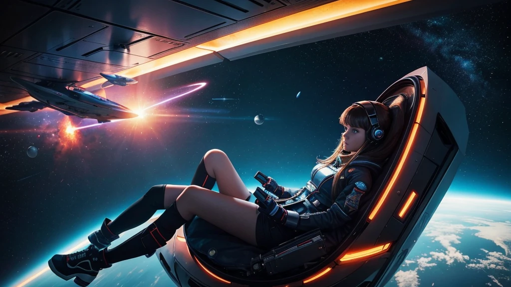 A teenage girl wearing futuristic outfits, inside a space capsule in space, in the background of the image a burning planet, spaceships flying in the background, style sci-fi