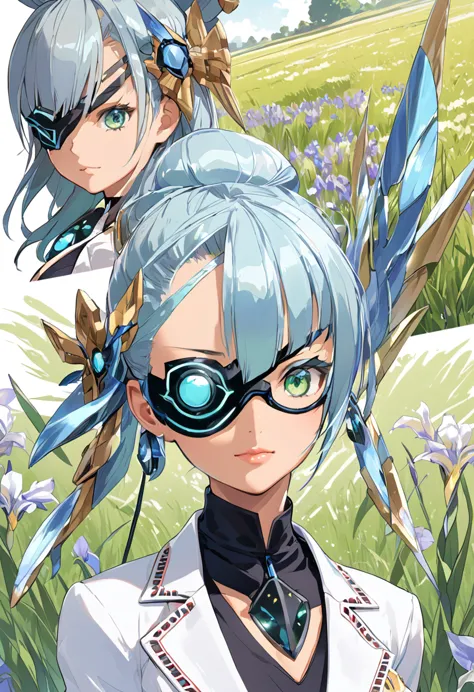 mikumari \(xenoblade\)masterpiece, highest quality, ((1 person)),blue hair,green eyes,serious expression, smile,upper body,line ...