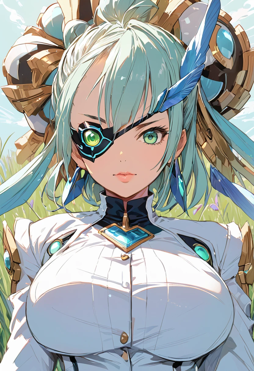 Mikumari \(Xenoblade\)masterpiece, Highest quality, ((1 person)),Blue Hair,Green Eyes,Serious expression, smile,Upper Body,Line art,Medium Hair,White blazer,Black T-shirt,Big Breasts,Bunhead,Black Mask, Expressionless blue eyes,((Kubo Obito Style)) Detailed face, Face Focus, Are standing, Black Hair,(hair ornaments:1.35),office lady, Sleeves edged with ribbon, Removable sleeves, Ribbon trim, Wide sleeves, (View your audience:1.5) Long Hair, iris, bangs, lips,smile,grassland