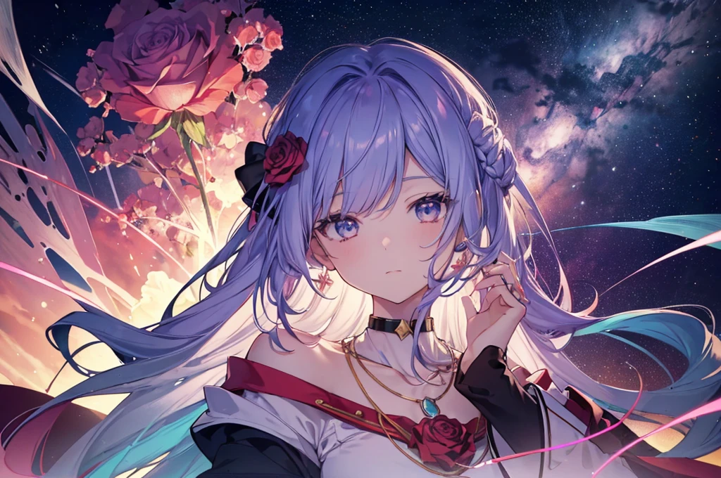 (((National Science Foundation))),Close-up of a woman with rich and colorful hair and necklace, Anime girl with space-like long hair, Rose Rose&#39;s gentle vitality, Gubes-style artwork, Fantasy art style, rich and colorful], Vivid fantasy style, Ross drew vivid cartoons, cosmic and rich and colorful, Geweitz, rich and colorful digital fantasy art, Great art style, Beautiful anime style, Full body lighting, Skin brightness, Sexy look