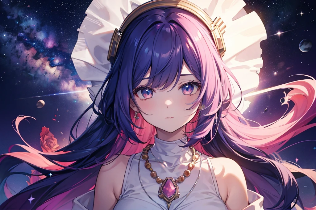 (((National Science Foundation))),Close-up of a woman with rich and colorful hair and necklace, Anime girl with space-like long hair, Rose Rose&#39;s gentle vitality, Gubes-style artwork, Fantasy art style, rich and colorful], Vivid fantasy style, Ross drew vivid cartoons, cosmic and rich and colorful, Geweitz, rich and colorful digital fantasy art, Great art style, Beautiful anime style, Full body lighting, Skin brightness, Sexy look