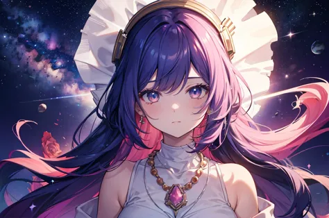 (((national science foundation))),close-up of a woman with rich and colorful hair and necklace, anime girl with space-like long ...