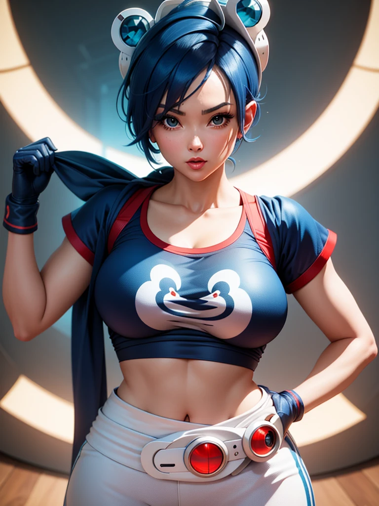 30 year old woman, alone, alone, athletic, semi-short blue hair, blouse with anime frog face, white flared pants, wears blue exercise gloves, large round headscarves on her head, WEARS a RED COLOR scarf on her neck, huge belt with a round evilla, sensual gaze looking at the viewer, cinematic, ultra sharp focus, award winning photography, perfect contrast, high sharpness, depth of field, ultra detailed photography, global illumination, fluid, ultra high definition, 8k, Unreal Engine 5, ultra focus crisp, award-winning photography, art season trends,