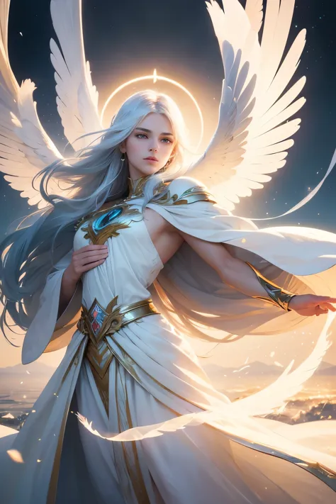 (best qualityer,4K,8k,high resolution,work of art:1.2),angelic male figure,strong with a sword,Kale,divine shine,halo above head,diffusion,long hair,magnificent wings,cloak flowing in the wind,beautiful  face,extraordinary facial details,blue piercing eyes,sensual lips,perfectly sculpted muscles,serene expression, majestic posture,sacred atmosphere,Ethereal Aura,pure white feathers,sublime golden light,heavenly glow,luminous background,ethereal horizon,vibrant celestial colors,elegant pose,vibrant sunlight,graceful motion,Biblically inspired,otherworldly beauty,peaceful serenity