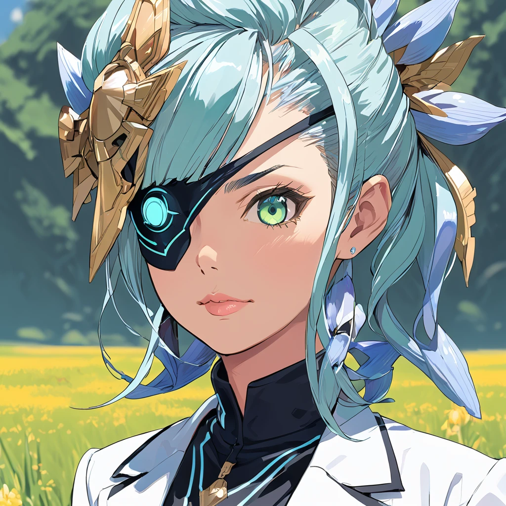 Mikumari \(Xenoblade\)masterpiece, Highest quality, ((1 person)),Blue Hair,Green Eyes,Serious expression, smile,Upper Body,Line art,Medium Hair,White blazer,Black T-shirt,Big Breasts,Bunhead,Black Mask, Expressionless blue eyes,((Kubo Obito Style)) Detailed face, Face Focus, Are standing, Black Hair,(hair ornaments:1.35),office lady, Sleeves edged with ribbon, Removable sleeves, Ribbon trim, Wide sleeves, (View your audience:1.5) Long Hair, iris, bangs, lips,smile,grassland