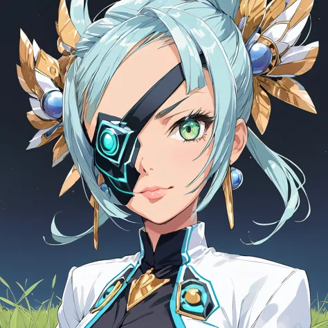 mikumari \(xenoblade\)masterpiece, highest quality, ((1 person)),blue hair,green eyes,serious expression, smile,upper body,line ...