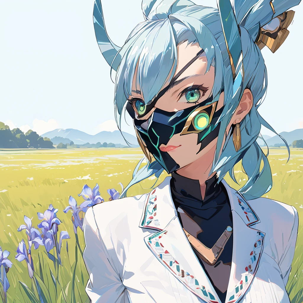 Mikumari \(Xenoblade\)masterpiece, Highest quality, ((1 person)),Blue Hair,Green Eyes,Serious expression, smile,Upper Body,Line art,Medium Hair,White blazer,Black T-shirt,Big Breasts,Bunhead,Black Mask, Expressionless blue eyes,((Kubo Obito Style)) Detailed face, Face Focus, Are standing, Black Hair,(hair ornaments:1.35),office lady, Sleeves edged with ribbon, Removable sleeves, Ribbon trim, Wide sleeves, (View your audience:1.5) Long Hair, iris, bangs, lips,smile,grassland