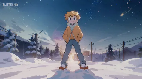 scott pilgrim shoots a boy scott pilgrim orange hair shirt jacket thick eyebrows canada a man standing in the snow looking at th...